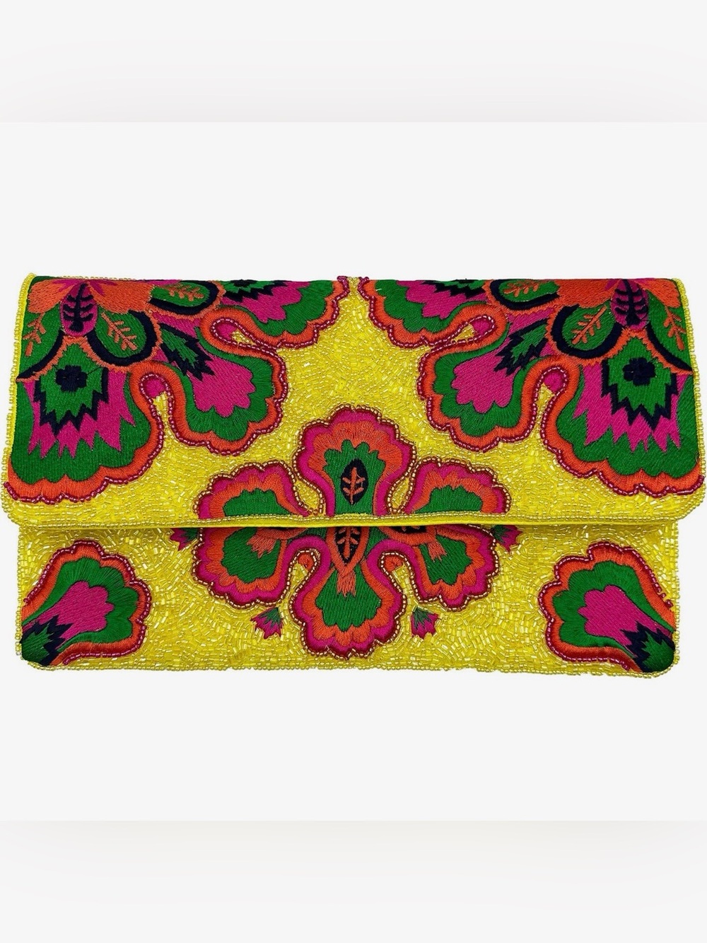Vibrant Yellow Beaded Floral Clutch
